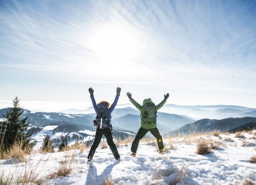 rear,view,of,senior,couple,hikers,in,snow covered,winter,nature,