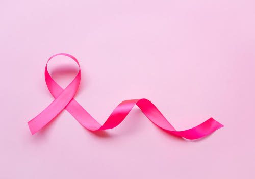 pink ribbon, breast cancer awareness symbol on pink background.