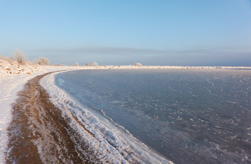 a,view,from,the,frozen,snow covered,baltic,sea,shore.,cloudy