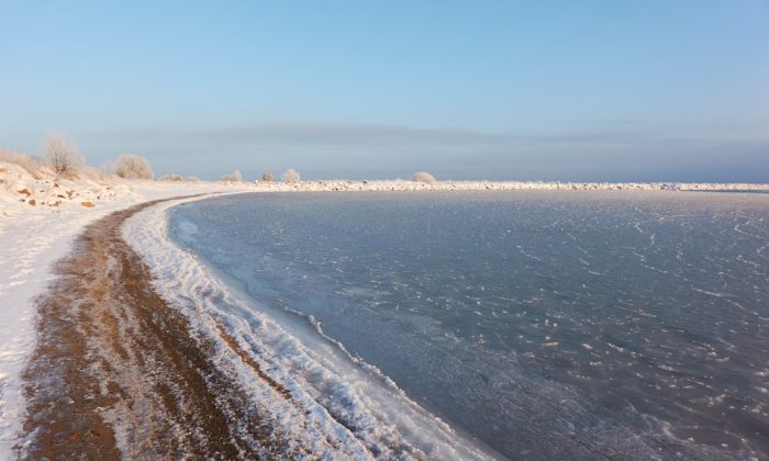 a,view,from,the,frozen,snow covered,baltic,sea,shore.,cloudy