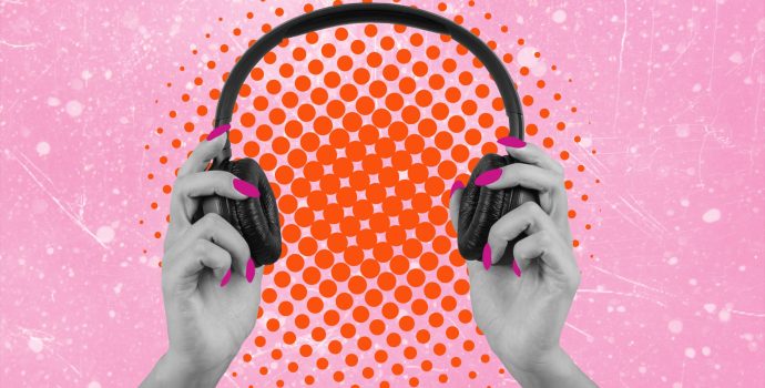 art,collage,of,modern,digital,pop,art.,headphones,in,hand