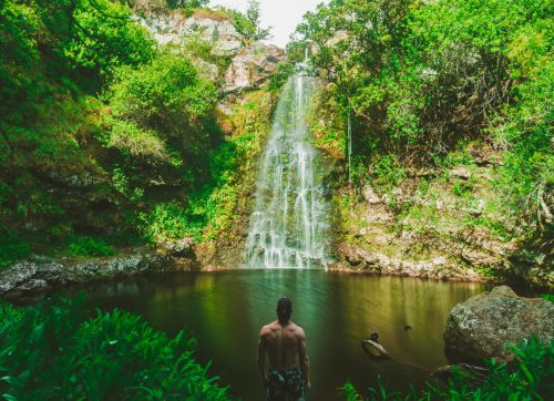 man practicing forest bathing