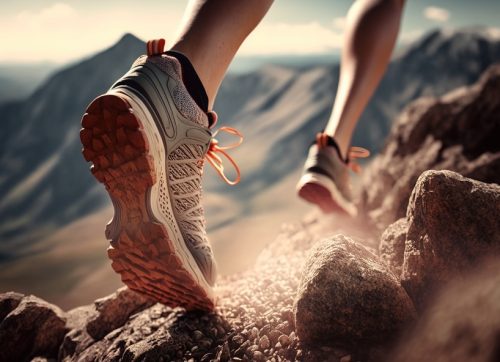 hiking,in,the,mountains.,female,legs,with,sports,shoes,and