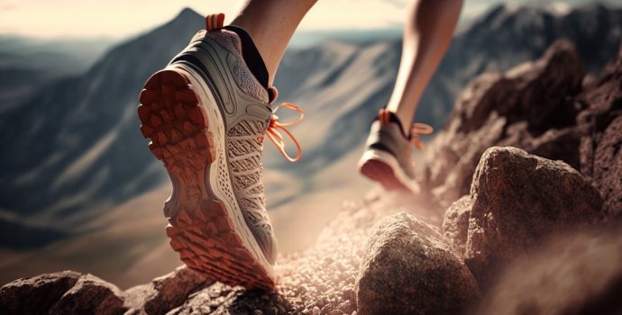 hiking,in,the,mountains.,female,legs,with,sports,shoes,and
