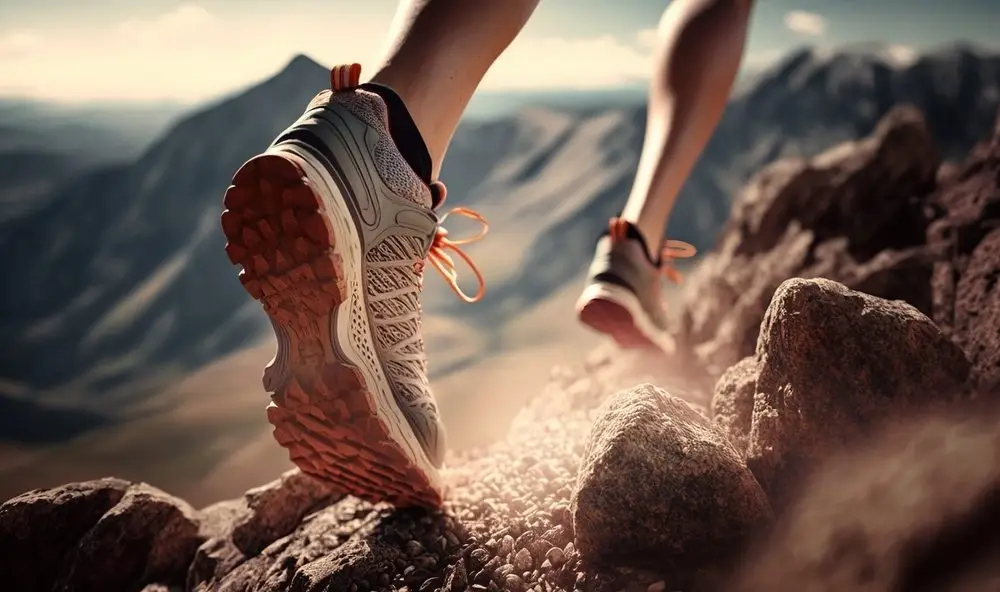 hiking,in,the,mountains.,female,legs,with,sports,shoes,and